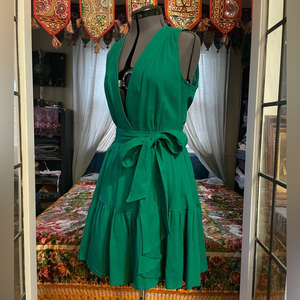 Christian Lacroix green linen wrap dress S